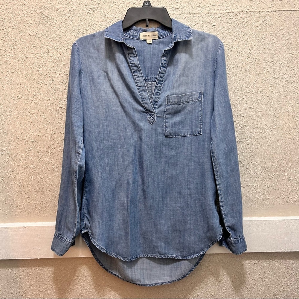Cloth and Stone Womens Denim Top Chambray Long Sleeve Shirt Popover XS